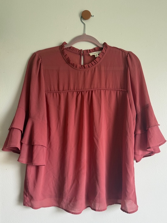 Monteau Tops - Monteau Ruffled Neck Tiered-Sleeve Blouse - Rose
